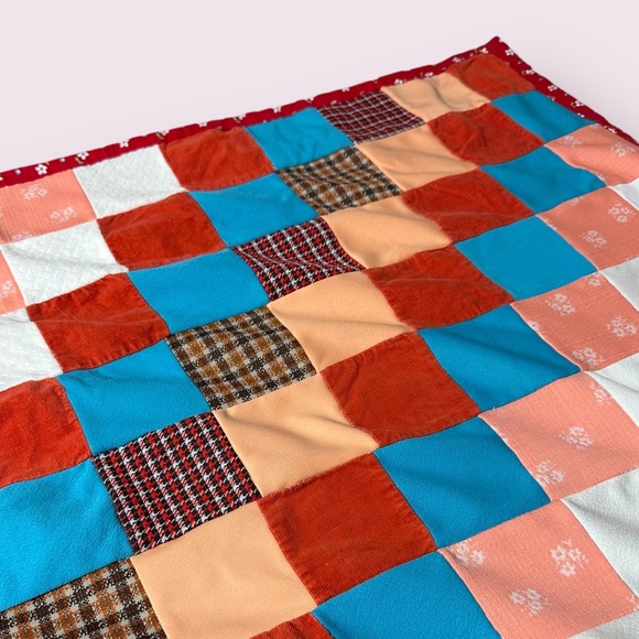 Vintage Handmade Mixed Fabric Red Orange Teal Burnt Orange Plaid Floral Quilt - Picture 6 of 9